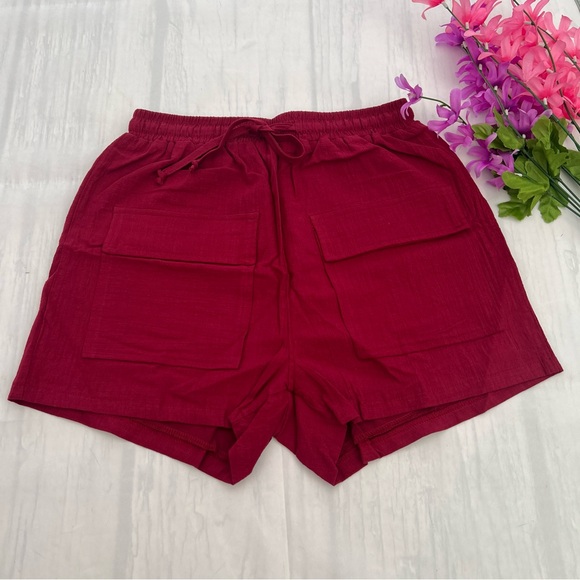Women’s Drawstring Linen Summer Burgundy with 2 Pockets Shorts size S - Picture 1 of 8